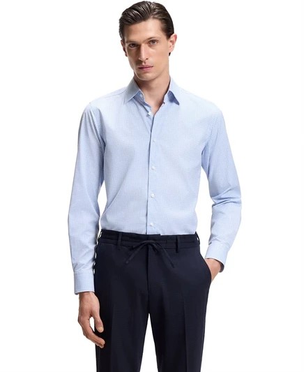 Мужская рубашка в клетку BOSS by Hugo Boss-стрейчевый приталенный крой синего цвета