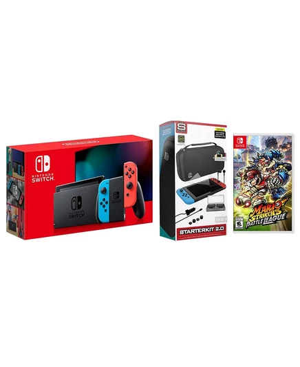 Консоль Nintendo Switch емкостью 32 ГБ, неоново-красная / синяя комплектация Joy-Con с дополнительными аксессуарами Surge 11 в 1, стартовый пакет и Mario Strikers Battle League black