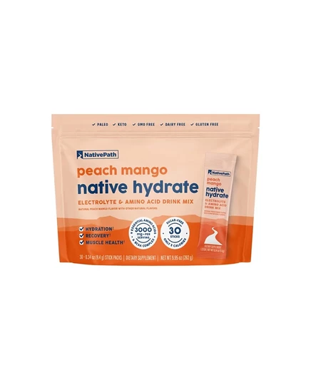 nativePath Peach Mango Electrylite Stick - Без сахара, 30 порций - 14 витаминов, 2000 мг ВСАА и 9 аминокислот - Кето-гидратационный порошок белого цвета