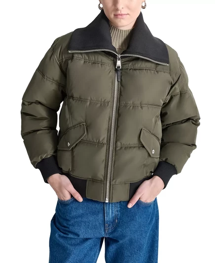  Женское пуховое пальто DKNY с трикотажной отделкой спереди на молнии loden