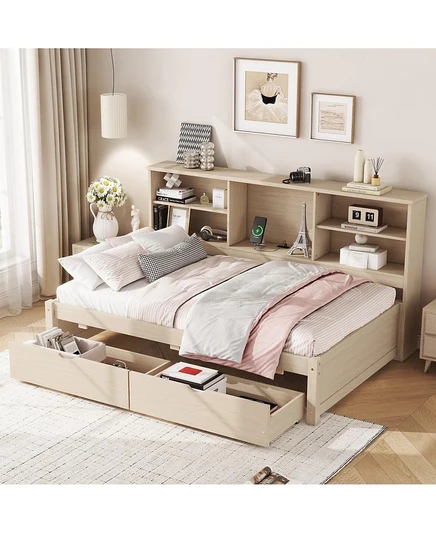 Двуспальная Кровать Streamdale Furniture С Боковыми Книжными Полками, Двумя Выдвижными Ящиками И Встроенным USB-Портом