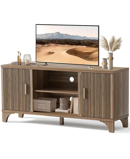 SUGIFT 58" МДФ, Ручки из массива дерева, Рифленые дверцы, Кабельный ввод, Петли мягкого закрывания, Подставка для телевизора в стиле середины века