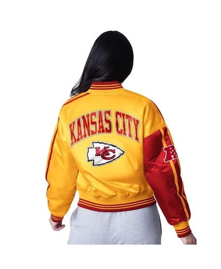 Женская укороченная атласная куртка на молнии Kansas City Chiefs Zone Blitz красного/золотого цвета для начинающих red, gold