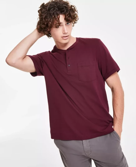  Мужская повседневная модель Henley с карманом на коротком рукаве, созданная для Macy's dark scarlet