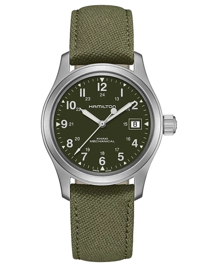 Швейцарские механические часы Hamilton Унисекс цвета хаки Field Green с холщовым ремешком 38 мм зеленого цвета