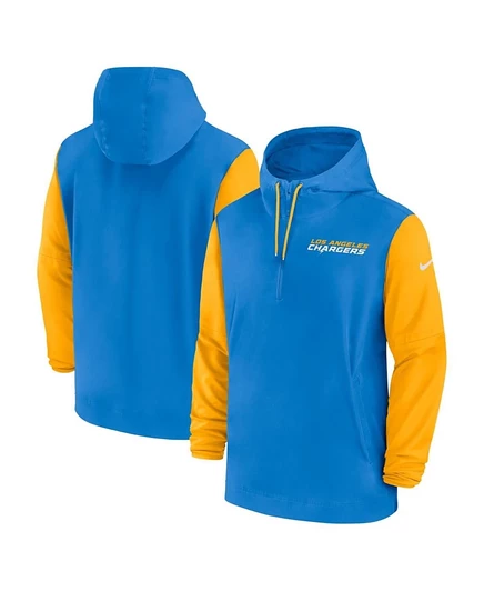 Мужское худи Nike Los Angeles Chargers Sideline Pre-Game 1/2-zip, голубое/золотое