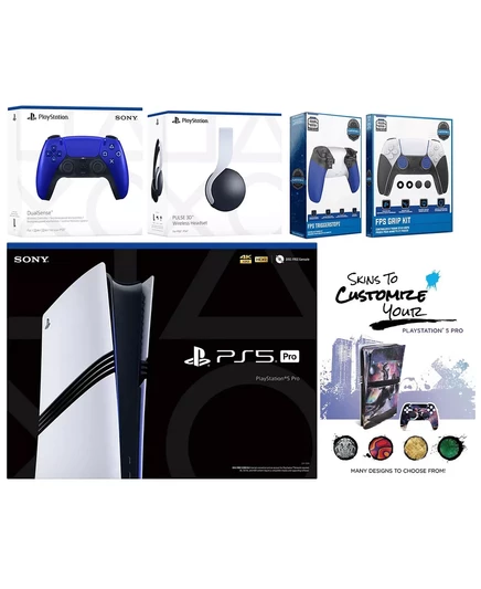  Комплект Playstation 5 Pro с гарнитурой White Pulse, дополнительным контроллером Cosmic Red, комплектом Trigger Stop, комплектом FPS Grip и ваучером на наклейку MightySkins. cobalt blue