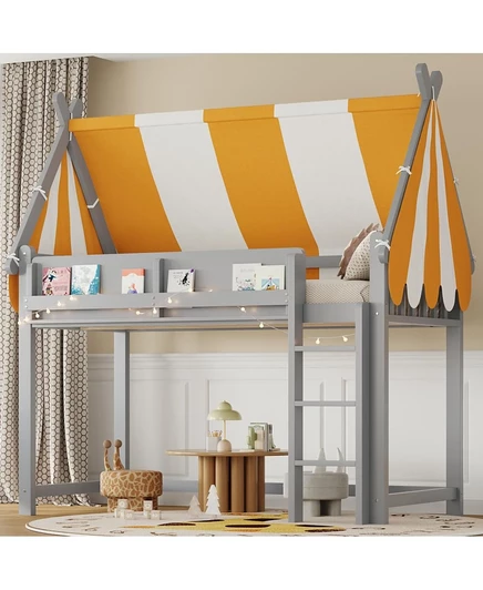 Двухспальная кровать-чердак Streamdale Furniture с балдахином, светодиодной подсветкой и книжной полкой серого цвета