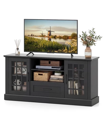 Подставка для телевизора Gymax Farmhouse TV для телевизоров диагональю до 70 дюймов, шкаф для хранения развлекательного медиа-центра со стеклянными дверцами черного цвета