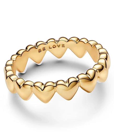 Женское кольцо Pandora Moments позолоченное 14K ряд сердец, золотистое