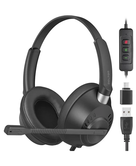 USB-гарнитура Delton 42Y с микрофоном, Стереозвук Hi-Fi, Компьютерная гарнитура-вкладыш с шумоподавляющим микрофоном, Встроенные элементы управления, Совместимая с ПК, ноутбуками, iMac, планшетами и смартфонами - Черный