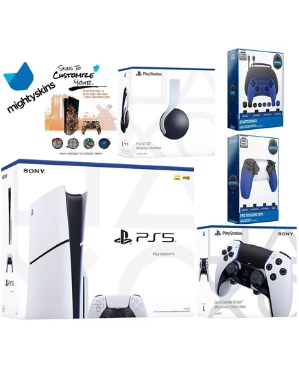  Комплект Playstation 5 Slim Disc с гарнитурой White Pulse, дополнительным контроллером EDGE, набором Pro Gamer, набором триггеров и ваучером на наклейку MightySkins. white