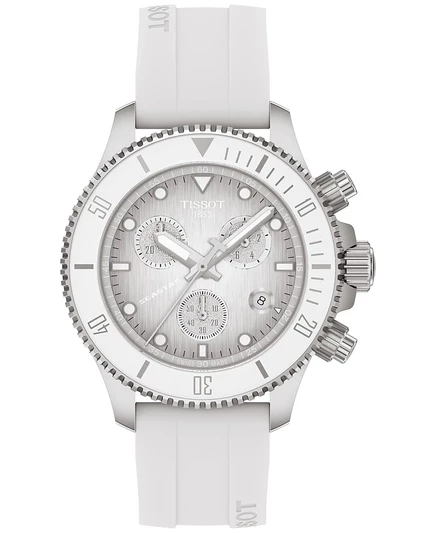Мужские швейцарские часы Tissot с хронографом Seastar 1000 на белом каучуковом ремешке 38 мм с серым градиентом