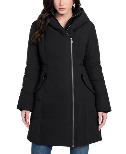 Женское асимметричное пуховое пальто GUESS с капюшоном на молнии спереди, черное