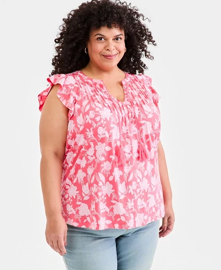 Топ с завязывающимся воротом и рукавами-крылышками от Emelia от Style & Co Plus Size, эксклюзивный розовый от Macy's