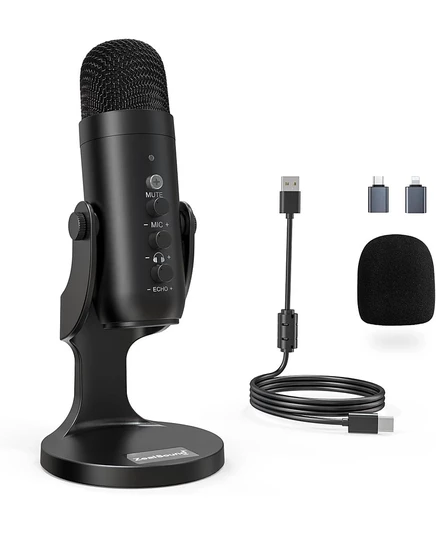 Конденсаторный USB-микрофон ZealSound, игровой микрофон Plug & Play с выходом на наушники, Регулировка усиления, Отключение звука для YouTube, подкастов, PS4/PS5, Mac, Windows black