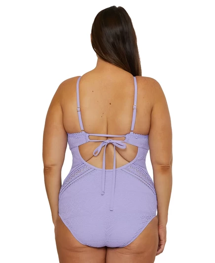 Вязаный крючком цельный купальник с высоким вырезом и игрой цветов Becca ETC Plus Size bellflower