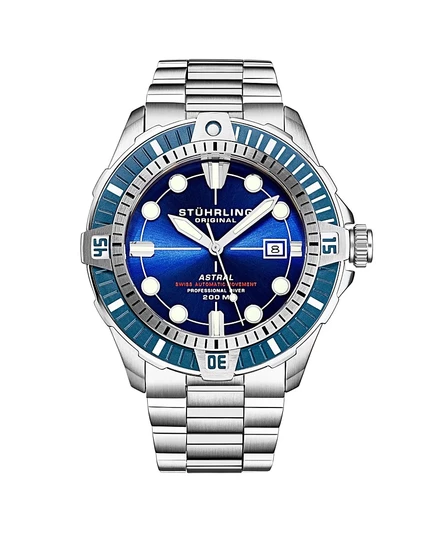 Мужские швейцарские часы с автоподзаводом Stuhrling Astral Diver 44 мм, Синий циферблат, Браслет из нержавеющей стали, Вращающийся безель, Водонепроницаемость 200 м silver