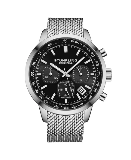 Мужские кварцевые часы с хронографом Stuhrling Chronoport 4082, сетчатый браслет из нержавеющей стали диаметром 44 мм