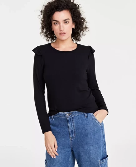  Женский топ в рубчик с длинными рукавами и оборками, созданный для Macy's deep black
