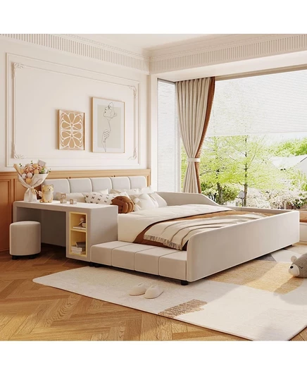 Мягкая кровать Streamdale Furniture с прикроватным столиком и табуретом коричнево-бежевого цвета