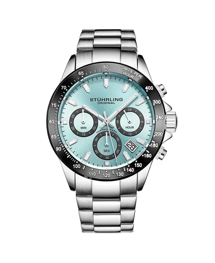 Мужские кварцевые часы с хронографом Stuhrling 3960, Япония, VR32, Голубой циферблат, черный безель с тахиметром, Серебристый корпус, Браслет из нержавеющей стали, окошко даты