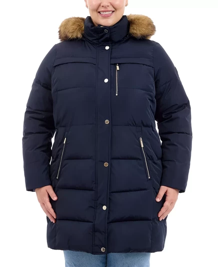 Пуховик MICHAEL Plus Size с капюшоном и отделкой из искусственного меха, созданный для Macy's admiral