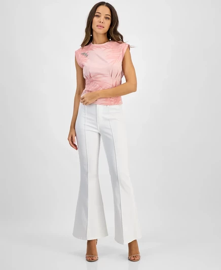 Женский топ GUESS с плиссированной талией, украшенный брошью в виде ладони pink pearl