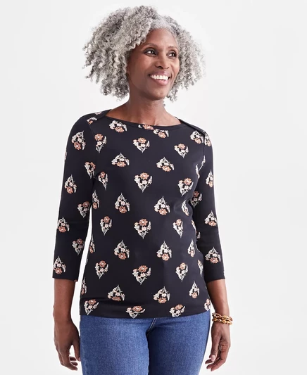  Женский хлопковый топ Pima с принтом и рукавами 3/4, созданный для Macy's  petal black