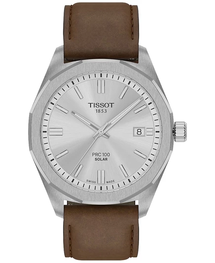 Мужские швейцарские часы Tissot PRC 100 Solar Quartz с коричневым кожаным ремешком, 39 мм, коричневые 20/18