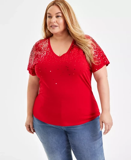  Топ с V-образным вырезом и блестками большого размера, созданный для Macy's red zenith