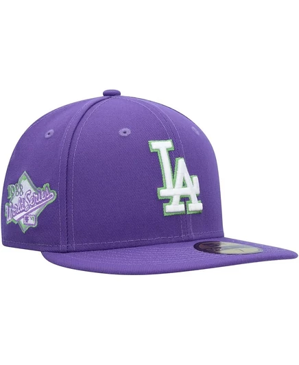 Мужская приталенная шляпа New Era фиолетового цвета Los Angeles Dodgers с лаймовой нашивкой сбоку 59-го размера. purple