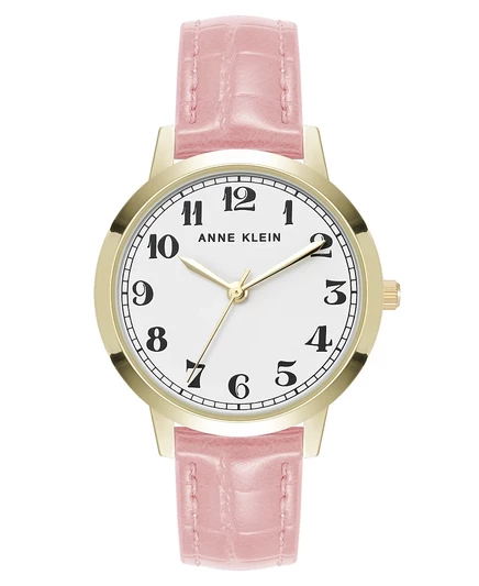 Женские повседневные кварцевые часы Anne Klein из розовой полиуретановой кожи и золотистого металлического сплава Boyfriend Watch, 34 мм