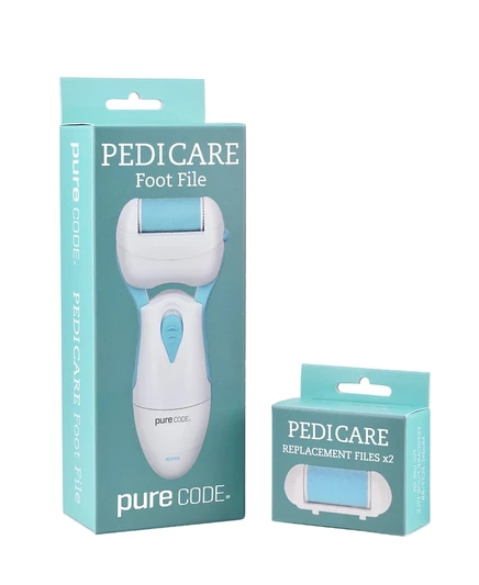 Пилочка для ног PURECODE Pedicare с 2 дополнительными сменными пилочками, 2 штуки синего цвета