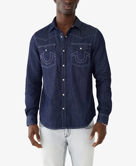 Темная застиранная мужская рубашка в западном стиле True Religion blue