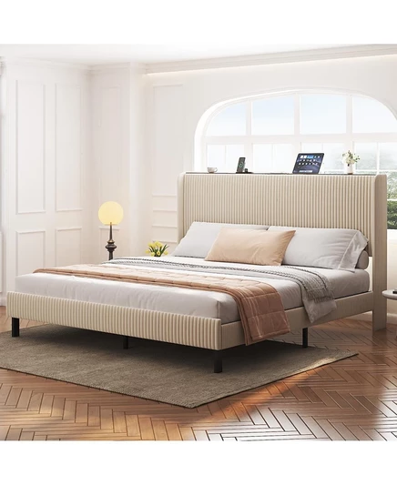 Кровать на платформе Streamdale Furniture King Beige с зарядной станцией коричнево-бежевого цвета