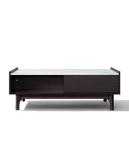 Журнальный столик LuxenHome Modi Wenge с 1 дверцей, открытым ящиком для хранения и приподнятыми бортиками, Столешница из искусственного мрамора, коричневое искусственное дерево