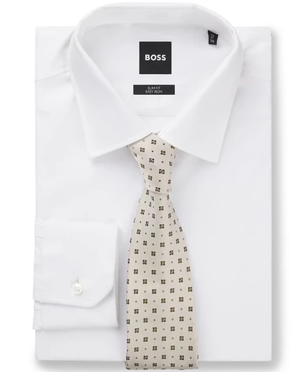 Мужской строгий шелковый галстук с жаккардовым узором BOSS by Hugo Boss коричнево-бежевого цвета