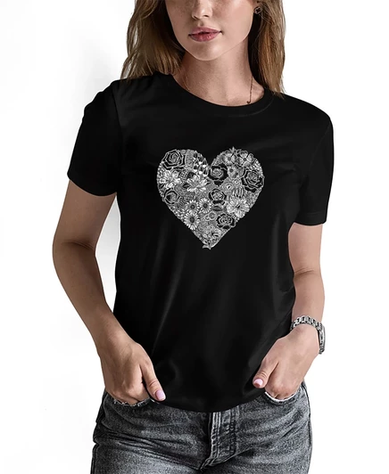 Женская футболка с коротким рукавом LA Pop Art Word Art Heart Flowers черного цвета