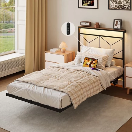 Каркас кровати Hausource Floating Twin Size со светодиодным изголовьем для хранения вещей, зарядной станцией, пружинный блок не требуется, черный