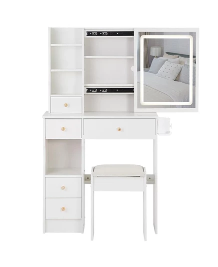 Туалетный столик Streamdale Furniture 29,2" со светодиодным зеркалом, табуретом, электропитанием и кронштейном для фена белый