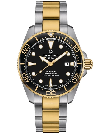Мужские швейцарские автоматические часы Certina DS Action Diver с двухцветным браслетом из нержавеющей стали, 43 мм, черные