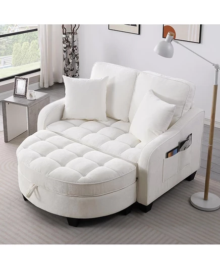 Бежевый двухместный диван Streamdale Furniture с шезлонгом, подставкой для ног и декоративными подушками коричнево-бежевого цвета