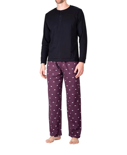 Sleep Hero Мужской пижамный комплект из трикотажа Henley с воротником-стойкой Sleep Hero black with polar explorer