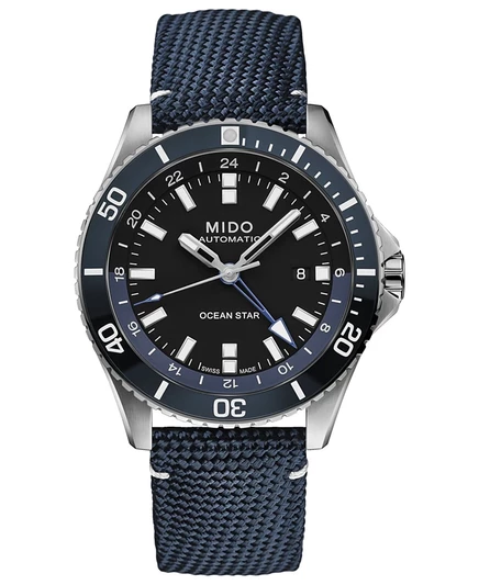 Мужские швейцарские часы Mido с автоматическим управлением Ocean Star GMT на синем тканевом ремешке 44 мм