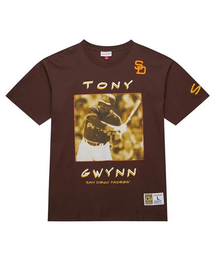 Мужская футболка Mitchell & Ness Tony Gwynn Brown San Diego Padres Cooperstown Collection с винтажным логотипом игрока премиум-класса в тяжелом весе от Mitchell & Ness. brown