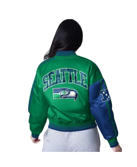 Укороченная атласная куртка Starter Women's College темно-синего / неоново-зеленого цвета Seattle Seahawks Zone Blitz с полной застежкой college navy, neon green