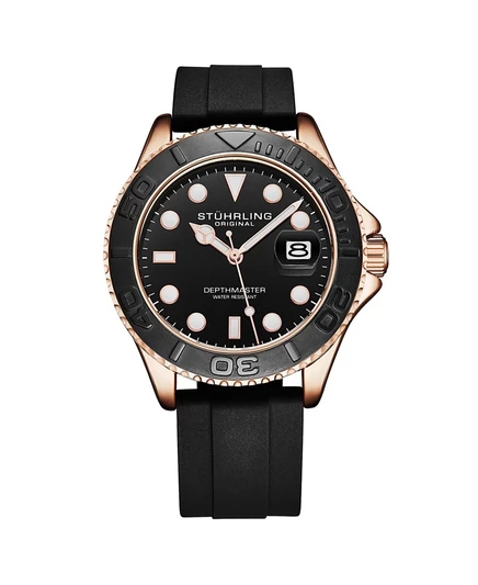 Мужские кварцевые часы для дайверов Stuhrling Depthmaster 4072, 42 мм, Корпус из розового золота, Черный циферблат, Силиконовый ремешок, Дата, Водонепроницаемость 100 м