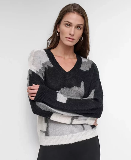  Женский свитер с V-образным вырезом и длинными рукавами DKNY ice chip g
