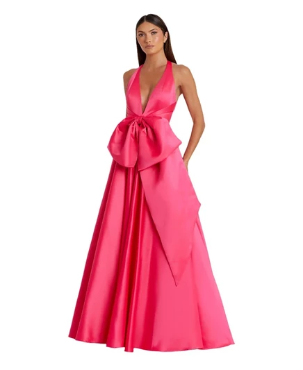 Женское сатиновое платье Mac Duggal, V-вырез и бант, розовое